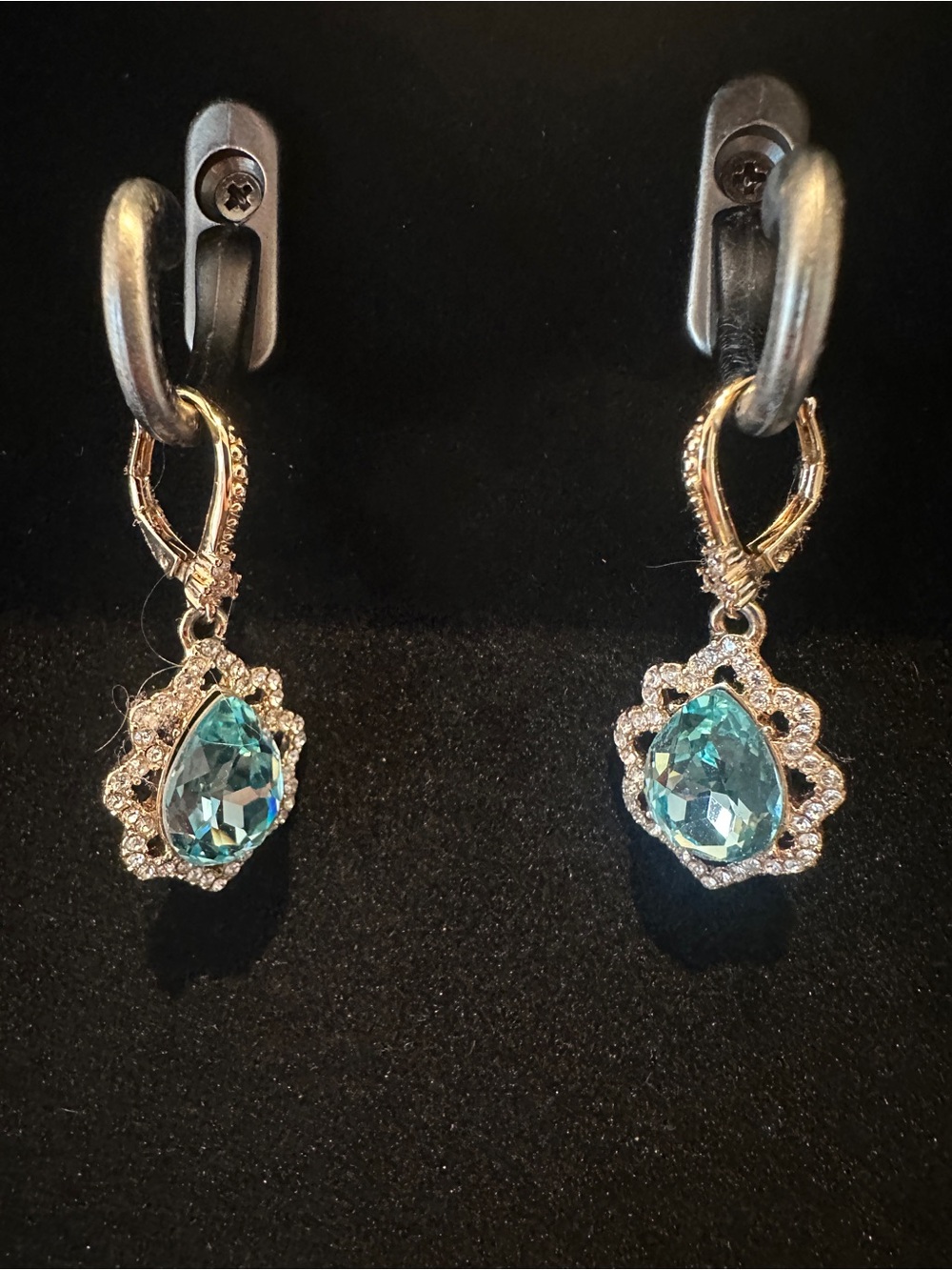 Aquamarine Teardrop Halo Drop Earrings - Swarovski